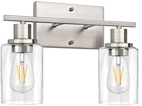 ShineTech 2-Light Bathroom Vanity Light Fixture, Brushed Nickel Bathroom Light Fixtures Over Mirror, Modern Wall Mounted Bathroom Lighting with Clear Glass Shade for Bathroom, Bedroom, Hallway