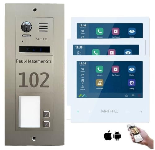 MATHFEL 2-Draht-Bus WLAN Video Türsprechanlage - Personalisierte Außenstation inklusive Gravur, ideal für 2 Familienhäuser, mit 3X 7'' Monitoren