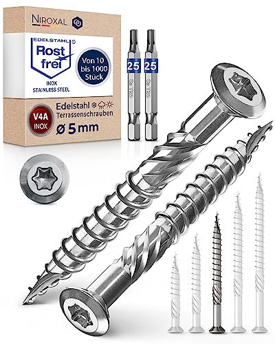 Tornillos para terraza 5 x 60 de acero inoxidable A4 con cabeza lenticular muesca de corte y aletas peladoras para, 500 unidades, tornillos Torx hexagonales, 60 mm de largo + 2 punta Torx hexagonal