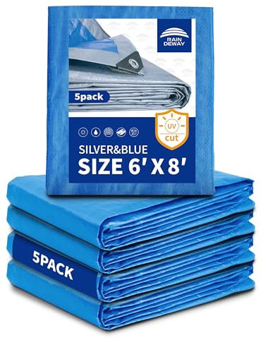 Tarps 6x8 Feet (5 Pack) - 5.5 Mil, Multipurpose Waterproof Poly Tarp Cover with Metal Grommets and Reinforced Edges, Silver/Blue Tarp by RAINDEWAY