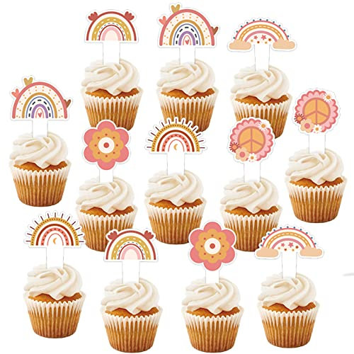 Easy Joy 24pcs Tortendeko Geburtstag Boho Regenbogen, Cupcake Toppers Blumen deko Kuchendeko Mädchen Rainbow Happy Birthday für Kinder Mädchen Junge
