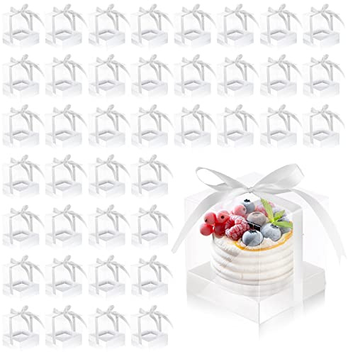 Thenshop 50 Pcs Clear Cupcake Boxes Individual 3.5 Inch Plastic Single Cupcake Containers Boxes with Inserts and Ribbon Individual Cake Storage Holders for Cake Kitchen(White)