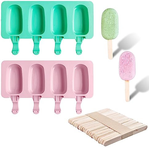 2 Ice Cream Molds, 50 Wooden Sticks, Silicone Ice Cream Mold Set, Oval Popsicle Molds, 4 Cavities, for DIY Ice Cream Making. (Green,Pink)