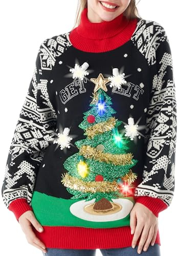 JOYIN Pull Lumineux pour Femme - Longue Robe Pull Moche avec Sapin de Noël 3D Amusant et Ampoules Fantaisie - Pull Noir à Manches Longues en Tricot de Noël, Noir, M