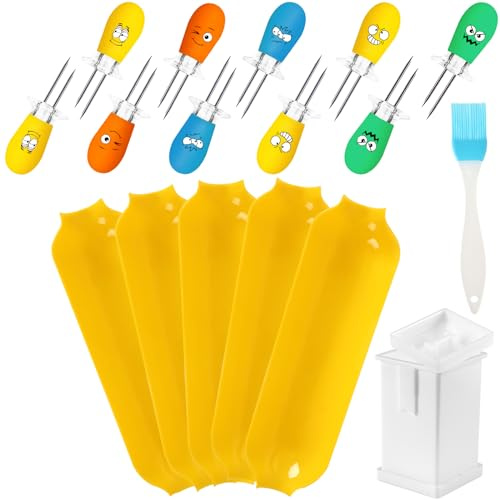 AUGSUN Kit de soportes para maíz, platos de maíz y soportes para maíz, incluye 5 bandejas de maíz, 10 soportes para mazorcas de maíz, 1 esparcidor de mantequilla y 1 cepillo de aceite para barbacoas