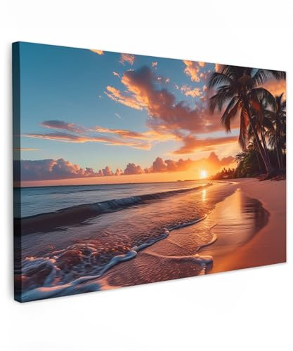 MuchoWow© Impressions sur Toile 120x80 cm Deco Tableau Murale Decoration Salon Peinture Tableaux Chambre Toiles Maison Coucher de soleil - Palmiers - Mer - Soleil - Plage
