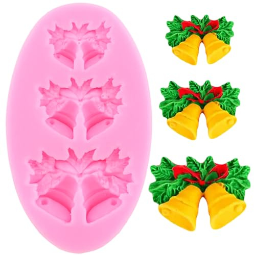 XMOLDNMS Christmas Bell Silicone Mould Holly Leaf Bell Fondant Moulds for Cake Decorating Cupcake Topper Chocolate Candy Gum Paste Polymer Clay