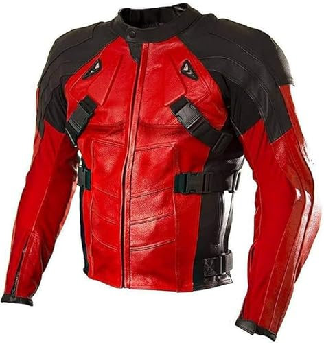 A&M Express Giacca da motociclista da uomo, in pelle, antivento, imbottita, per tutte le stagioni, Rosso e nero, XXL