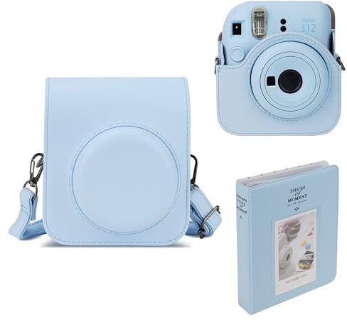 Mumlicha PU-läder kameraväska och 64 fickor fotoalbum kompatibel med Fujifilm Instax Mini 12 direktbildskamera, mini 12 skyddsfodral med justerbar axelrem (blå)