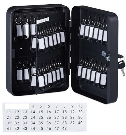 Relaxdays Armadietto Portachiavi da Parete, Cassetta Sicurezza con 48 Ganci Appendi Chiavi, HLP: 25 x 18 x 8 cm, Nero