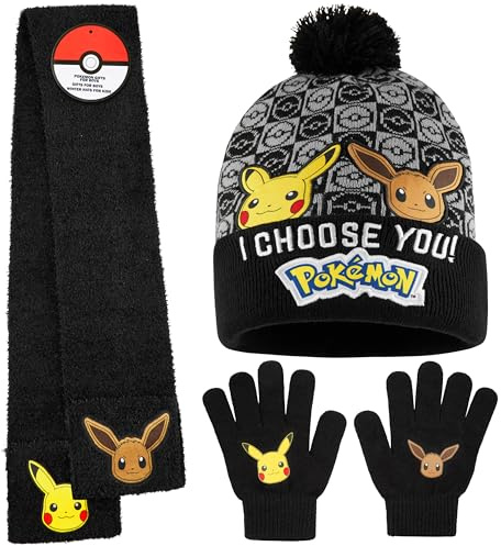 Pokémon Ensemble Bonnet Echarpe Gant Garçon ou Bonnet Gant Enfant, Accessoires d'Hiver Garçon Pikachu, Idée Cadeau Anime
