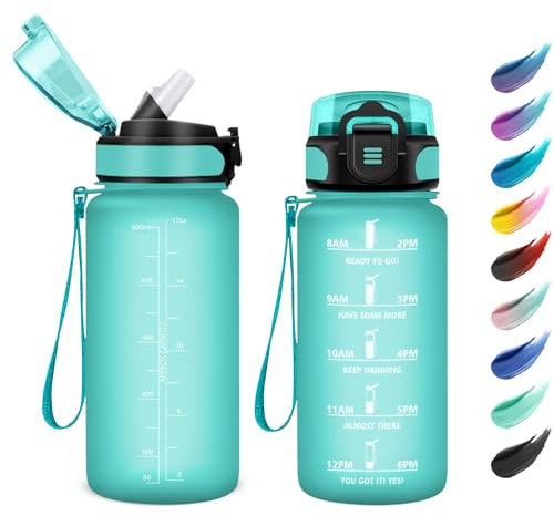 Bouteille 500ml, Gourde Enfant, Gourde avec Paille, Gourde Marqueur de Temps, Gourde Motivation, Bouteille d'eau Étanche, Gourde Reutilisable pour Enfant, l'École, Bureau, Randonnée, Camping