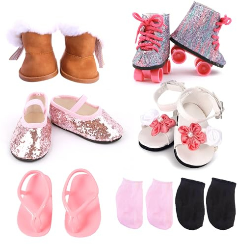 18 inch Doll Accessories, 5 Pairs of Doll Shoes+2 Socks 18” Doll Shoes Includes Snow Boots/Roller Skates/Sandals/Flip-Flops/Dance Shoes/Pink/Black Socks for American Doll Boy or Girl Dolls