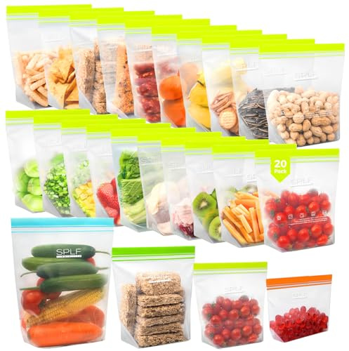 SPLF 20 Pack Quart Reusable Freezer Bags Dishwasher Microwave Safe, Extra Thick Double Zip Lock Quart Food Bags, Leakproof Food Containers for Meal Prep, Fridge Kitchen Organization