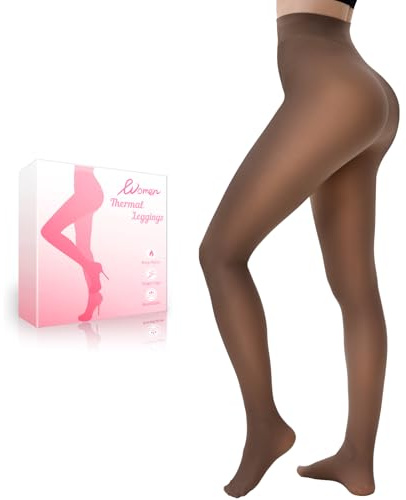 HONGTEYA Fleece Lined Tights Women Winter Thermal Leggings Pantyhose Fake Translucent Thick Warm Sheer Tights (US, Alpha, Medium, Regular, Regular, Brown)