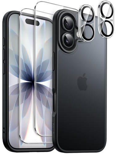 JETech 5 in 1 Matte Case for iPhone 17, Black | 2 Tempered Glass Screen Protectors, 2 Camera Lens Protectors, Translucent Back Protective Phone Cover