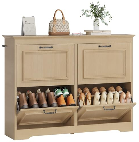 Brinlawb Meuble à Chaussures Entree, Armoire à Chaussures avec 4 Portes abattantes, Séparateur Réglable, Peut contenir 18 à 24 Paires de Chaussures pour entrée, Couloir, séjour, Chambre, Bois Clair