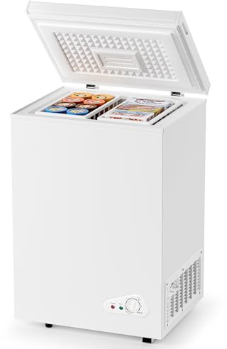 5.0 Cu.Ft Chest Deep Freezer with 2 Removable Baskets - Energy Efficient Ultra-Quiet and 6 Temp Manual Defrost - Free Standing Top Open Door for Home Garage Basement - White