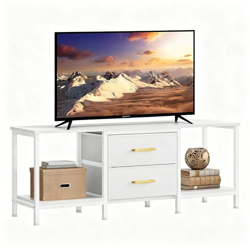 YITAHOME TV Stand, TV Cabinet up to 47 Inch, TV Unit with 2 Fabric Drawers and 2 Open Shelves, 110 x 30 x 50cm Chest of Drawers for Living Room, Entertainment Room, Bedroom Furniture, Steel Frame