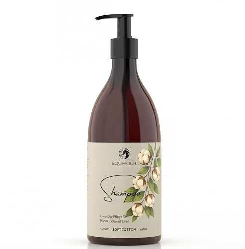 Shampoo proteico per cavalli Soft Cotton – Cura delicata del pelo per criniera, coda e pelliccia, con oli vegetali, estratto di bambù, olio di macadamia e olio di cocco, 500 ml, pratico dispenser per