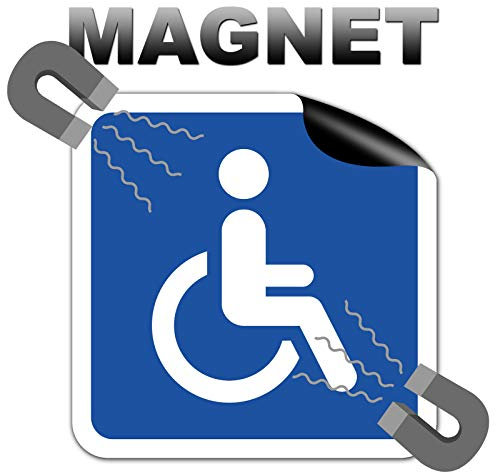 Strobo - Targhetta magnetica da 10 x 10 cm e 2 adesivi con simbolo di persona disabile su sedia a rotelle