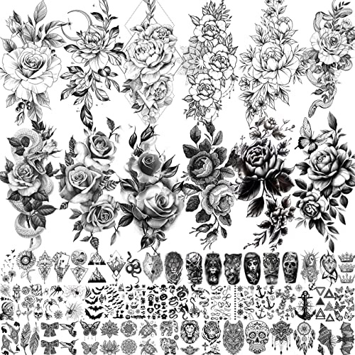 LAROI 65 Sheets Realistic Black Rose Flower Temporary Tattoos For Women, 3D Tribal Snake Floral Peony Fake Tattoo Stickers Adults, Long Lasting Tattoo Sleeve For Girls, Temp Small Animals Tatoos Kids