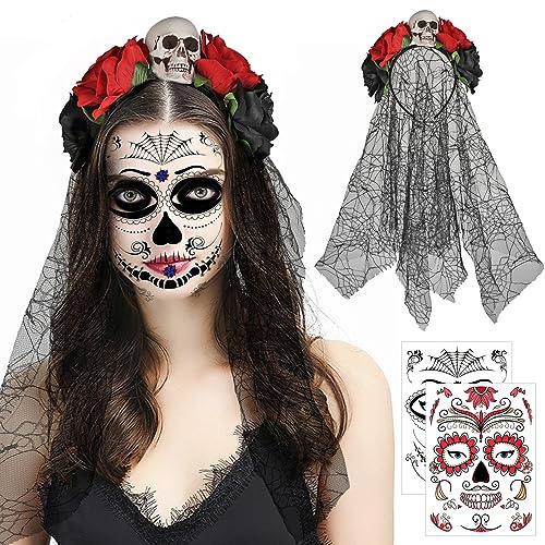 HOWAF Costume Dia De Los Muertos, Serre Tete Dia De Los Muertos, Serre Tete Halloween Tatouage Temporaire pour Visage, Deguisement Jour des Morts Femme, Deguisement Halloween, B