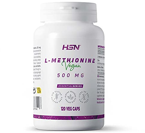 L-Metionina 500 MG de HSN | 120 Cápsulas Vegetales Aminoácido Esencial L Metionina (ALTA Concentración) | Con Zinc y Biotina | No-OMG, Vegano, Sin Gluten