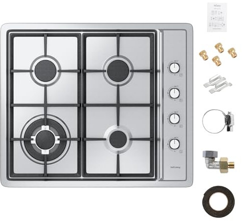 Edelstahl Gaskochfeld, IsEasy Gaskochfeld 4 Flammig mit Automatischer Thermoelementschutz, Einbau Kochfelder Edelstahl 4 Zonen Gaskocher, Erdgas(20mbr)/Propangas(30/50mbr), 59cm, 7800W, 220-240V