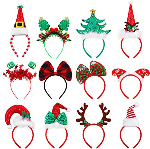 Aneco 12 Pieces Christmas Headbands Assorted Christmas Head Boppers Xmas Tree Santa Antler Reindeer Elves Hat Headband for Christmas Party