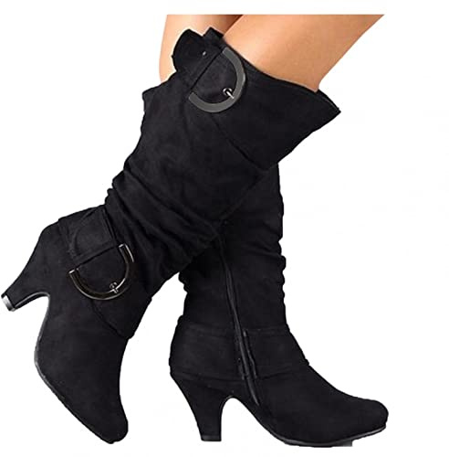 boseucn Stiefeletten für Damen, Damen Kniestiefel Cowboy-Stiefel Fransen Klassischer Stiefel Vintage Spitz Stiefel Wildleder Kniehohe Booties Niedrige Absätze Flache Fransenstiefel Ankle