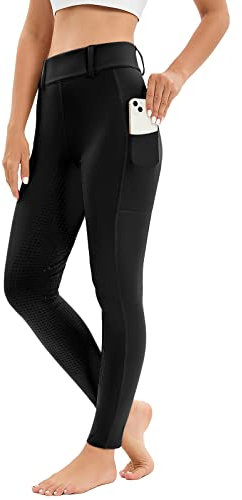 Havideto Reitleggings Damen Vollbesatz mit Handytasche, High Waist Reithose Damen Mädchen Stretch mit Gürtelschlaufen Schwarz L