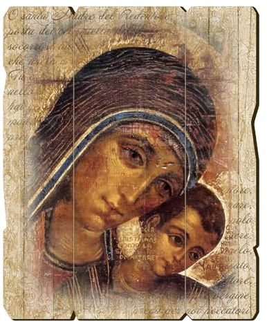 Fratelli Bonella | Quadro In Legno Sagomato Stile Vintage della Madonna col Bambino di Kiko f.to 28,5x35,5 cm | Made in Italy