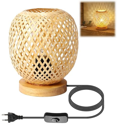 Tischlampe aus Bambus E27 Vintage Nachttischlampe mit Stecker und Schalter Tischleuchte Handgefertigte Gewebte Laternenschirm Tischbeleuchtung mit 1.8M Kabel für Schlafzimmer Wohnzimmer Arbeitszimmer