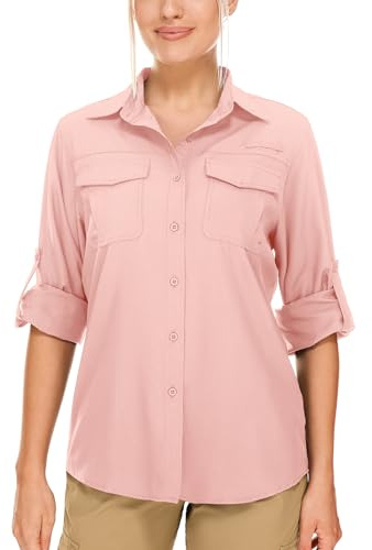 Camicia da donna Safari UPF 50+, protezione solare UV, maniche lunghe, per attività all'aperto, ad asciugatura rapida, per pesca, escursionismo, giardinaggio, Rosa, M