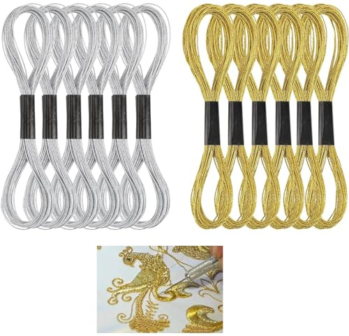 12pcs Skeins Glitter Embroidery Floss Metallic Embroidery Thread Sewing Cross Stitch Threads Gold and Silver Polyester Friendship Bracelets Thread for DIY Embroidery and Crafts Threads
