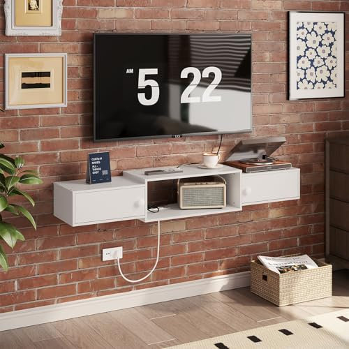 HOOBRO TV-Schrank hängend mit Steckdosen, 140 cm, TV-Lowboard, stehend oder hängend, Sideboard Fernsehschrank für das Wohnzimmer, Schlafzimmer, weiß EWT11CDS01