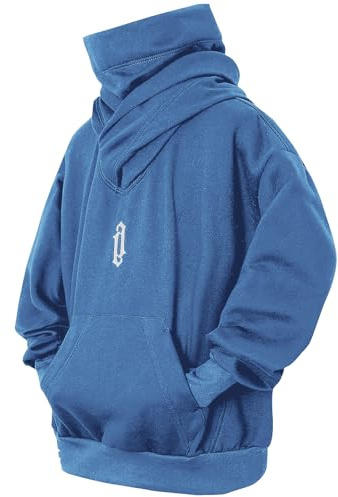 Eocicvvi Huvtröja för män Hög hals Fleece Hoodie Hip Hop Sweatshirt Herr Mode-tröjor Känguruficka(Ljusblått,S)