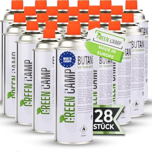 Green Camp ® 28x Gaskartuschen 227g [Made IN Europe] ideal für Gaskocher, Gasheizung, Gasbrenner, Unkrautbrenner oder Campingkocher - Butan Gaskartusche Typ MFS – 1A