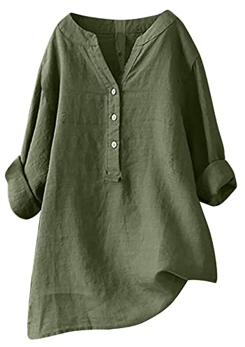 Camiseta Mujer Lino Algodón Manga Larga Camisa Ligero Primavera Verano Moda Casual Cuello en V Botones Color sólido Suelto Cómodo Tops T-Shirt Basic tee Talla Grande Transpirable Blusa 2025