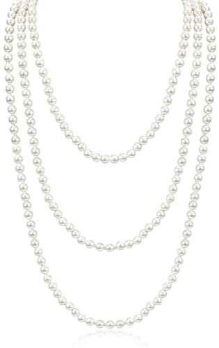 VerLuky 2 Stück 150cm Weisse Perlenkette, elegante Künstliche Gatsby-Aksesoiere für Fasching