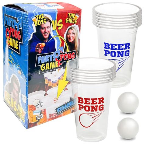 Murago - Bier Pong Trinkspiel 14 teiliges Set - Bierpong Beer Tisch Spiel Trinkspiel Becher Bälle Partyspiel Geschenkset Mitbringsel Mehrweg wiederverwendbar spülmaschinenfest transparent blau rot