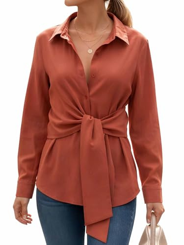 LUSMAY Women's Long Sleeve Wrap Tie Front Button Down Shirt - Elegant Collared Blouse for Office, Casual & Party