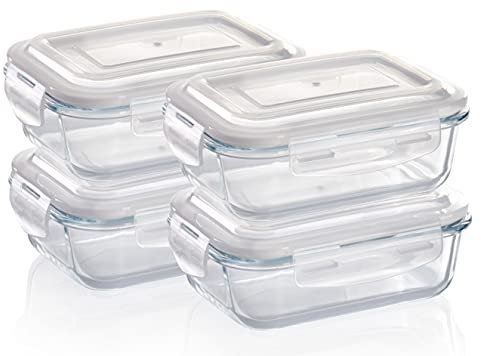 Grizzly Glas Frischhaltedosen, Set 4x 640 ml, luftdicht, rechteckig, Click-Verschluss, vielseitige Vorratsdosen für Ofen, Mikrowelle, Gefrierfach
