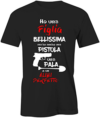 Puzzletee Maglietta Divertente Ho Una Figlia Bellissima ma Anche Un Alibi - Cotone Morbido e Traspirante - Stampa Diretta su Tessuto, Girocollo - Regalo Originale per la Festa del papà