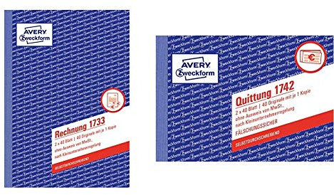 AVERY Zweckform 1733 Rechnung Kleinunternehmer weiß/gelb & 1742 Quittung (A6 quer, selbstdurchschreibend, speziell für Kleinunternehmer gem. §19 UStG, 2x40 Blatt) weiß/gelb