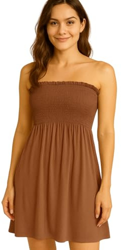 STAR FASHION Women’s Strapless Sheering Ruched Bandeau Dress Plain Boob Tube Sleeveless Midi Dress Summer Holiday Beach Flared Dress Soft Stretch Mocha 12-14