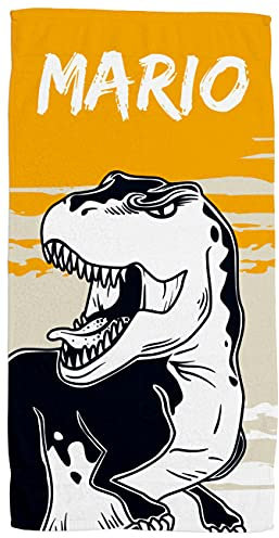 ZPUBLI+ Toallas de Playa o Ducha Personalizadas con Nombre o Frases. Toallas Infantiles, Regalo Infantil Original para baño, Piscina, Playa, Camping. Varias Medidas. (Dinosaurio 4, 30x50)