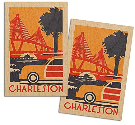 South Carolina, Ravenel Bridge, Woodblock (4x6 Birch Wood Postcards, 2-Pack Stationary, Rustic Home Wall Decor)