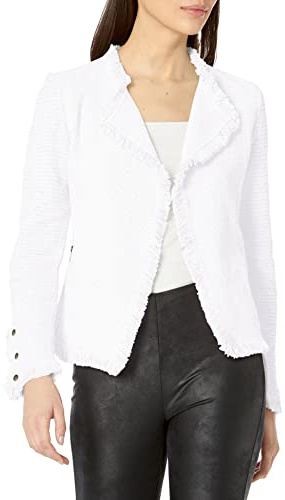 NIC+Zoe Womens Fringe Mix Jacket Casual Blazer, Paper White, X-Large US